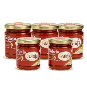 Vasetto di ’Nduja di Spilinga San Donato da 180g con etichetta rossa, chiusura dorata e sfondo bianco